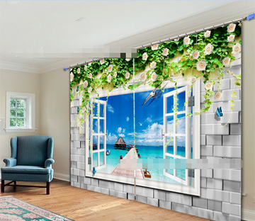 3D Bricks Window Sea Scenery 2167 Curtains Drapes Wallpaper AJ Wallpaper 