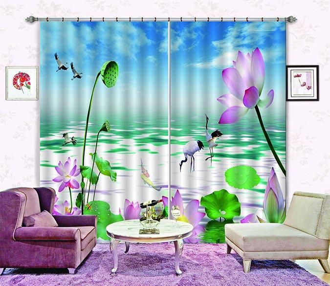 3D Sea Flowers Cranes 822 Curtains Drapes Wallpaper AJ Wallpaper 