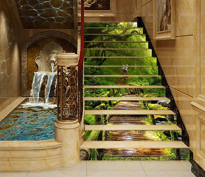 3D Forest Wood Bridge Animal 1480 Stair Risers Wallpaper AJ Wallpaper 