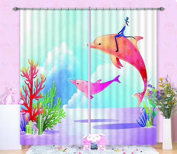 3D Dolphins Rider 437 Curtains Drapes Wallpaper AJ Wallpaper 