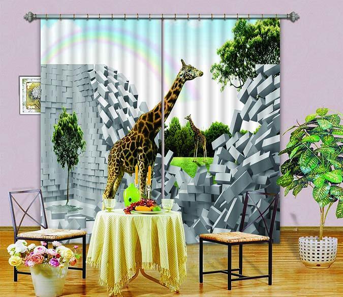 3D Bricks Giraffes 369 Curtains Drapes Wallpaper AJ Wallpaper 