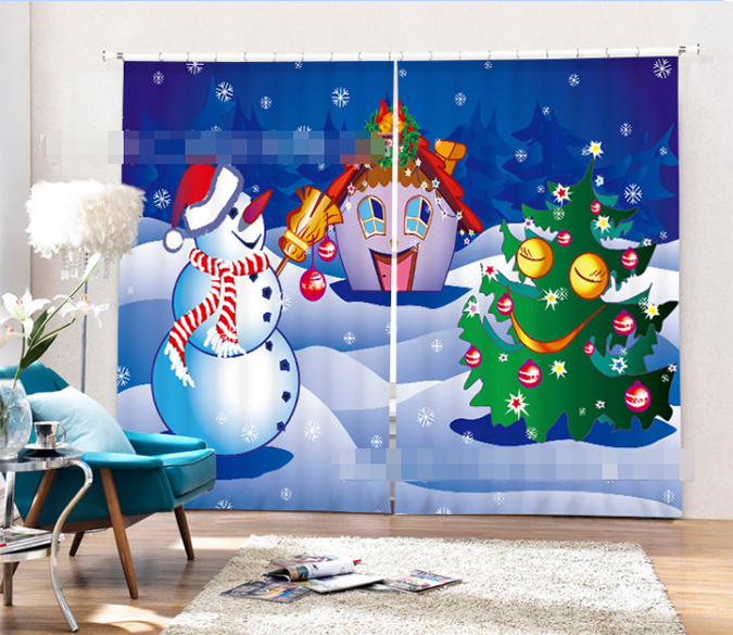 3D Cute Snowman Cottage Tree 2106 Curtains Drapes Wallpaper AJ Wallpaper 
