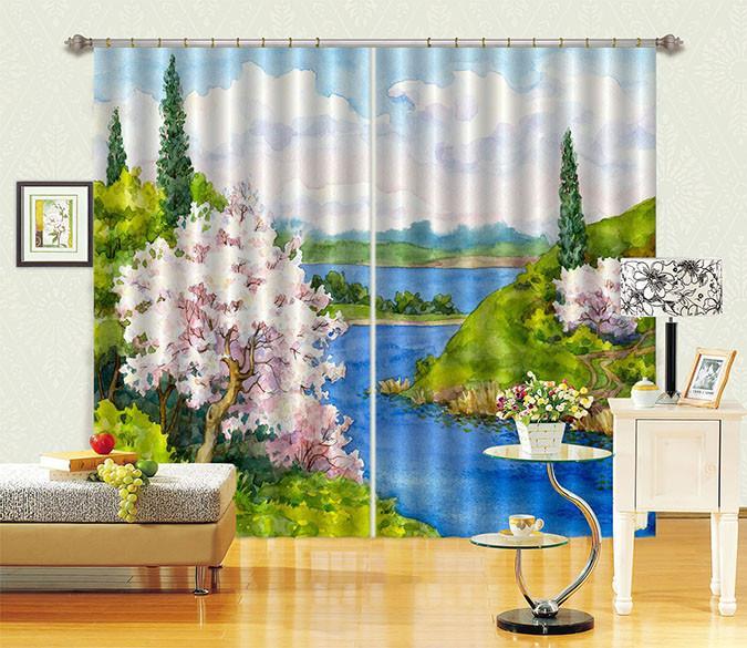 3D Watercolor River Scenery 692 Curtains Drapes Wallpaper AJ Wallpaper 