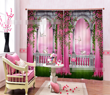3D Pillars Corridor Sea Swans 1367 Curtains Drapes Wallpaper AJ Wallpaper 