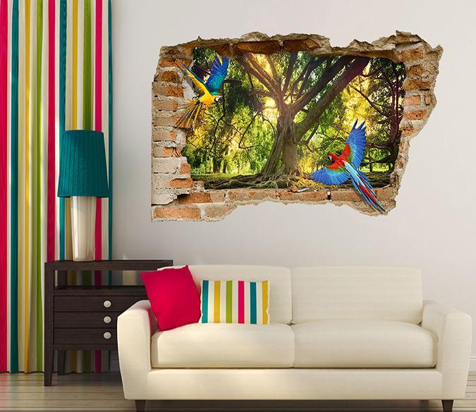 3D Trees Flying Parrots 353 Broken Wall Murals Wallpaper AJ Wallpaper 