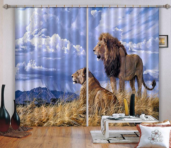 3D Lions Couple 117 Curtains Drapes Wallpaper AJ Wallpaper 