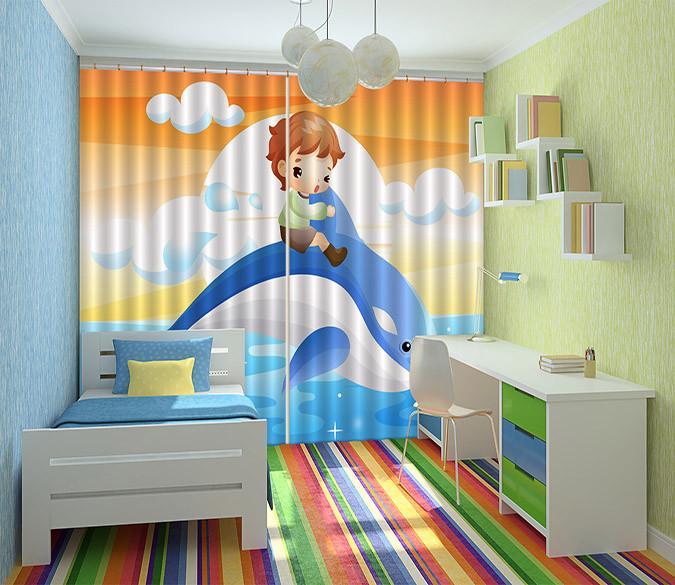 3D Lovely Dolphin And Kid 693 Curtains Drapes Wallpaper AJ Wallpaper 
