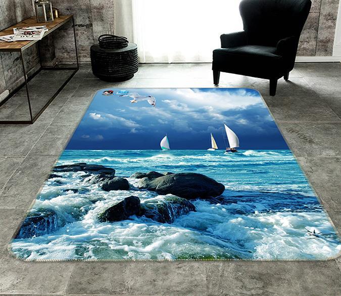 3D Blue Sea Boats Birds 170 Non Slip Rug Mat Mat AJ Creativity Home 