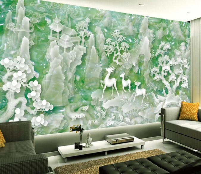 3D Jade Deer And Flowers Wallpaper AJ Wallpaper 1 