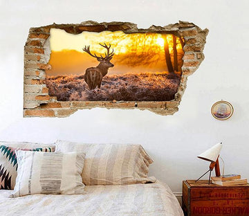 3D Sunset Forest Elk 117 Broken Wall Murals Wallpaper AJ Wallpaper 