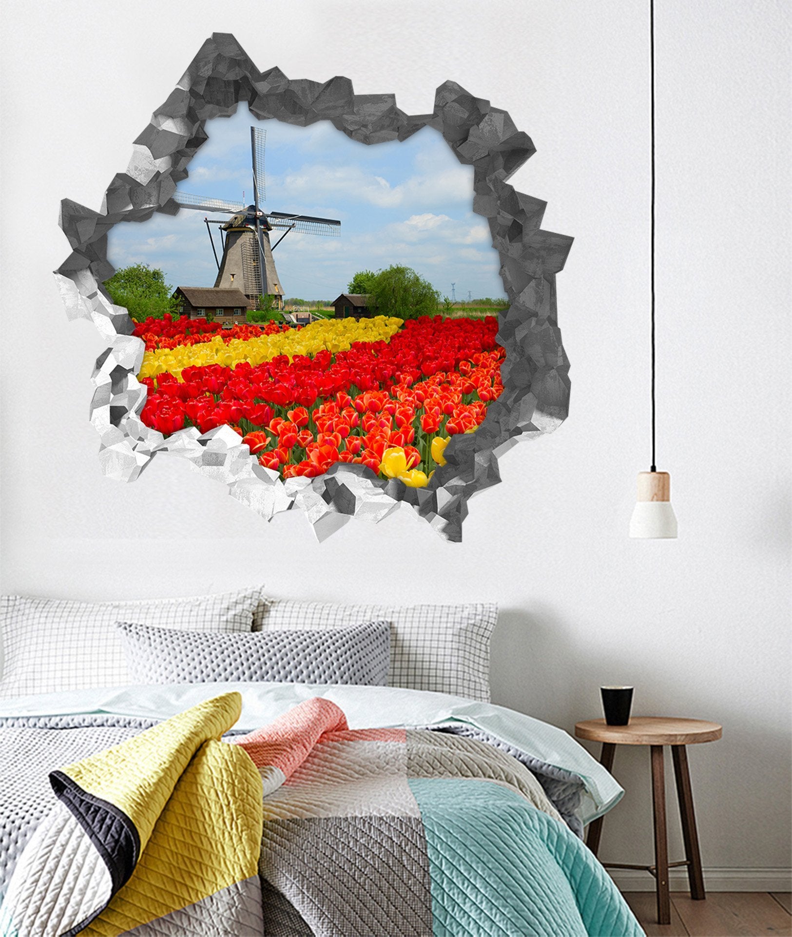 3D Flowers Field Windmill 202 Broken Wall Murals Wallpaper AJ Wallpaper 