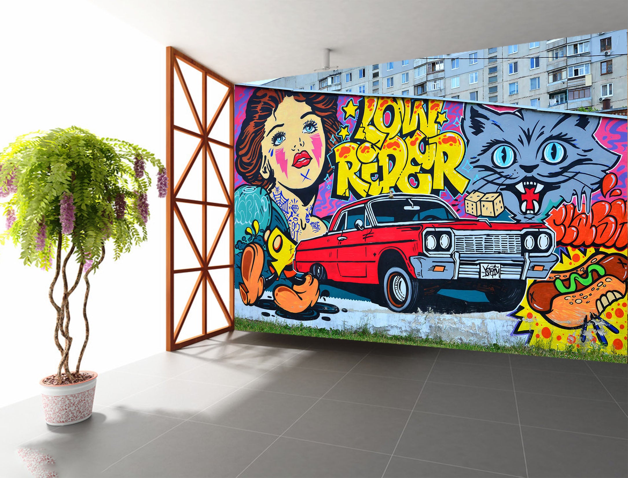 3D Cartoon Cat Car 355 Vehicle Wall Murals