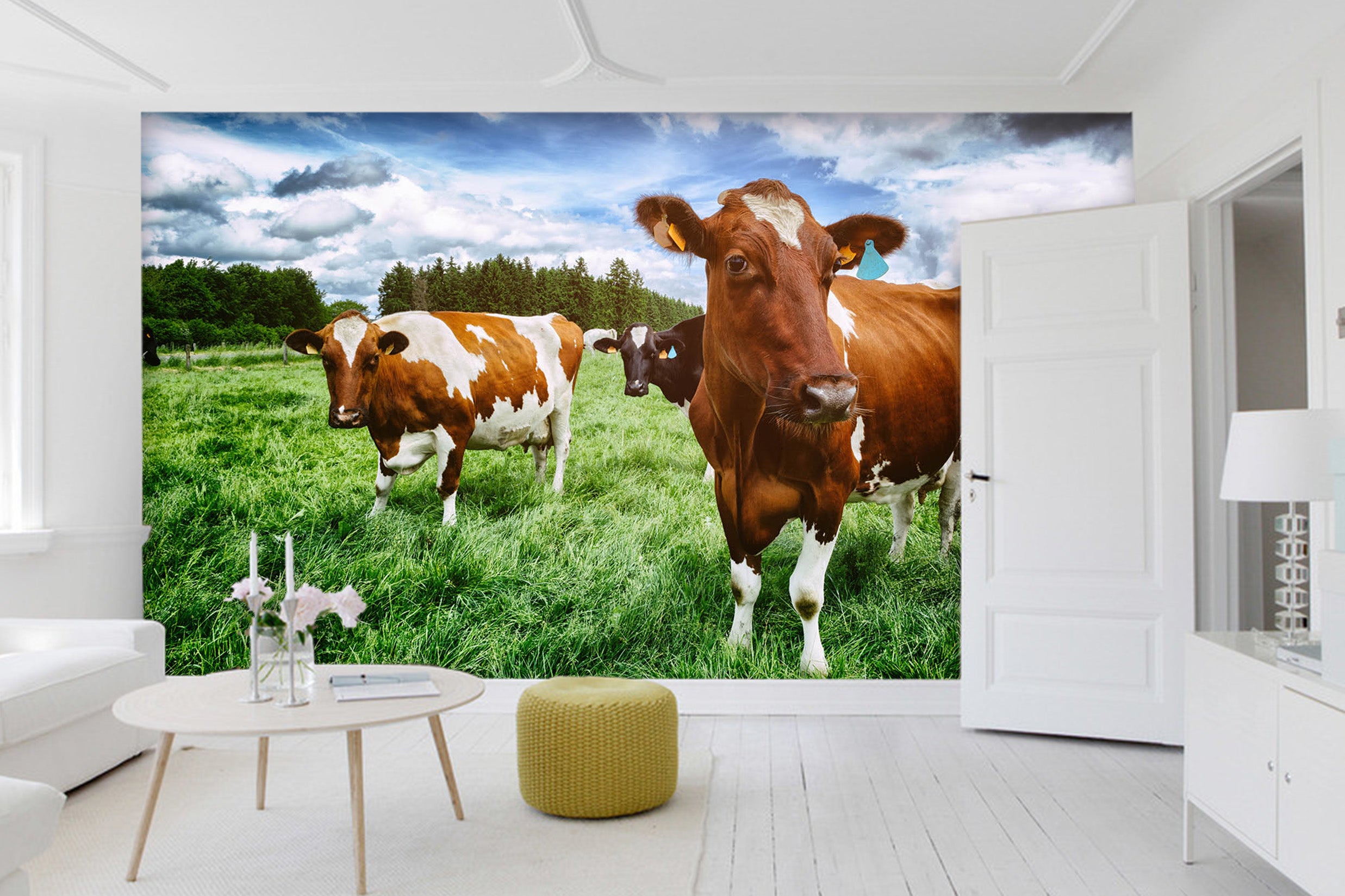 3D Green Lawn Cow 296 Wall Murals
