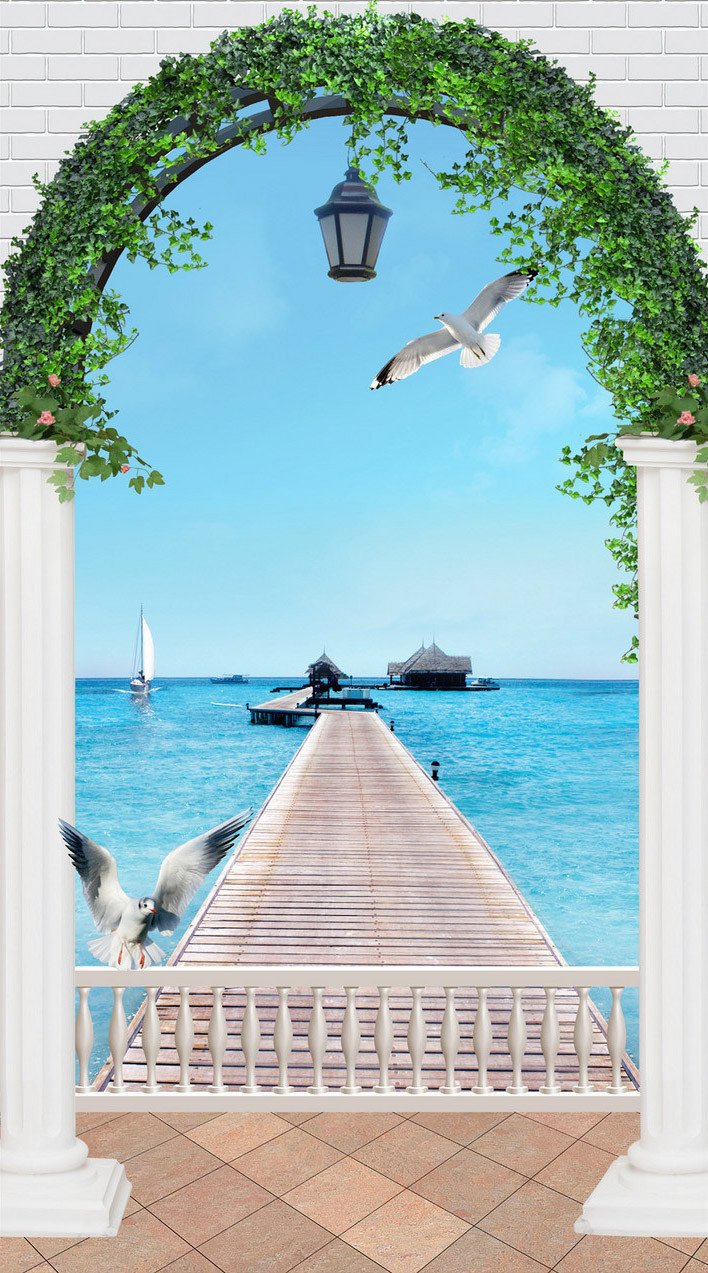 3D seagull seawater suspension bridge door mural Wallpaper AJ Wallpaper 
