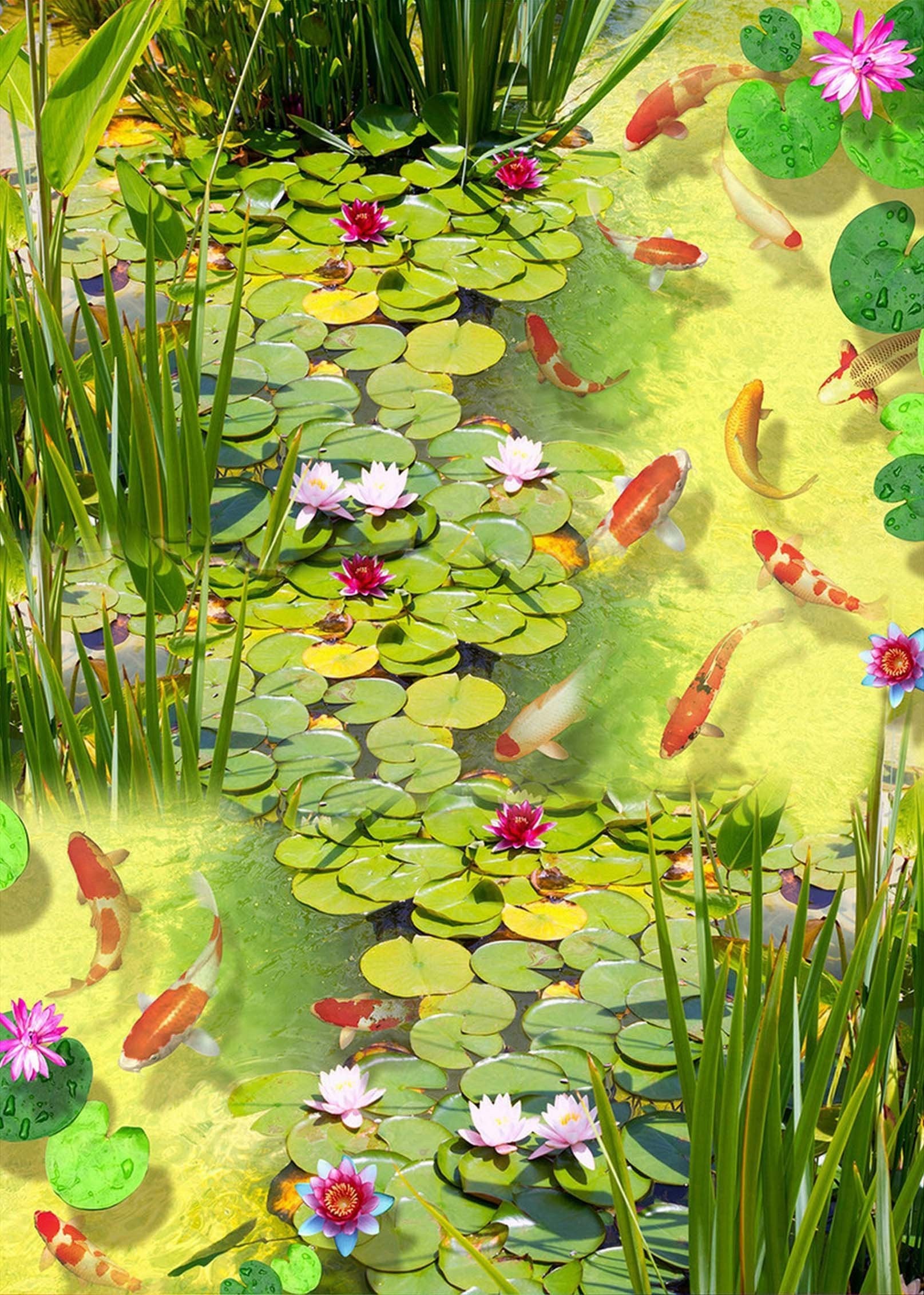 3D Lotus Flowers Fishes 1437 Stair Risers Wallpaper AJ Wallpaper 