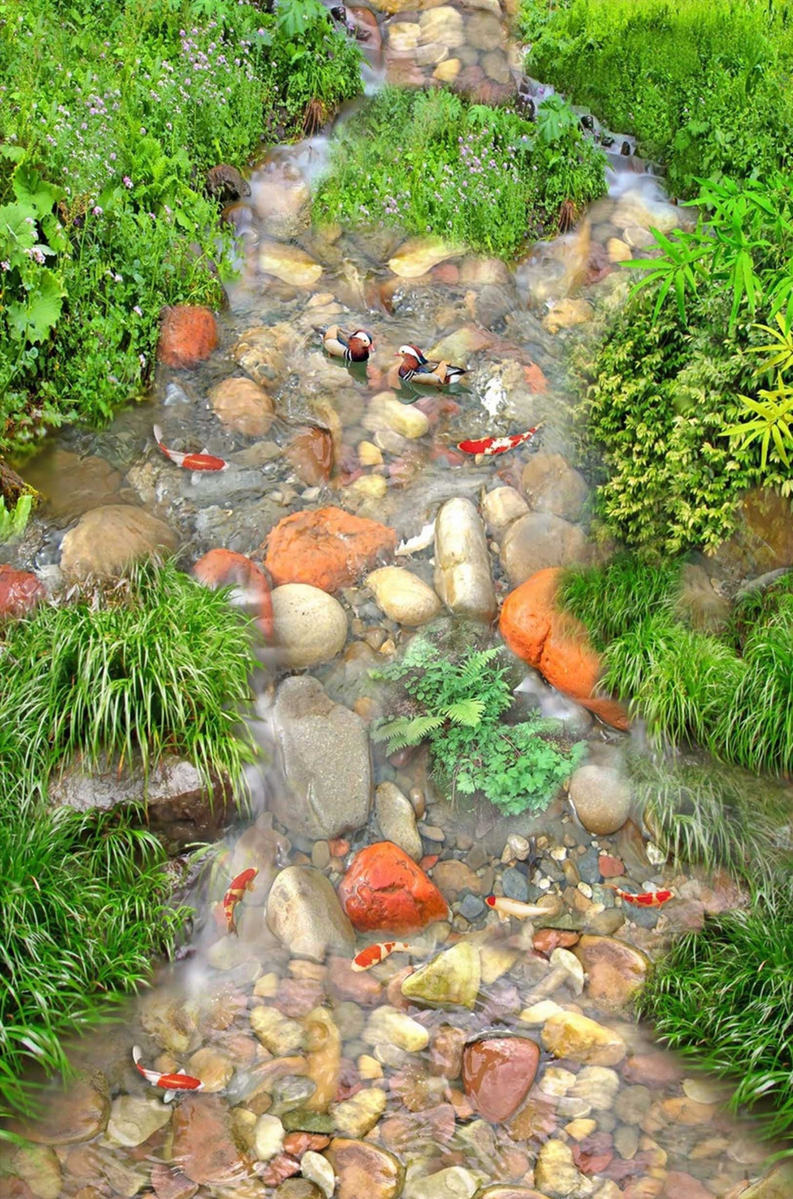 3D Creek Fishes Mandarin Ducks 435 Stair Risers Wallpaper AJ Wallpaper 