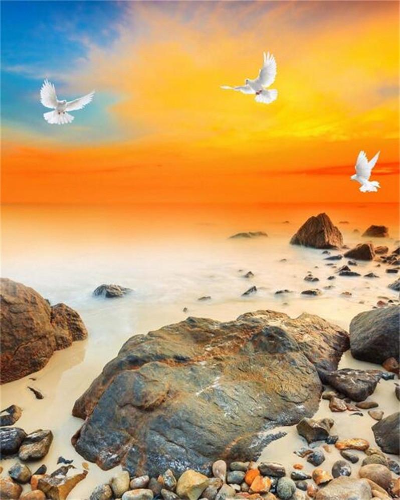 3D Sunset Beach Stones And Seagulls 402 Stair Risers Wallpaper AJ Wallpaper 