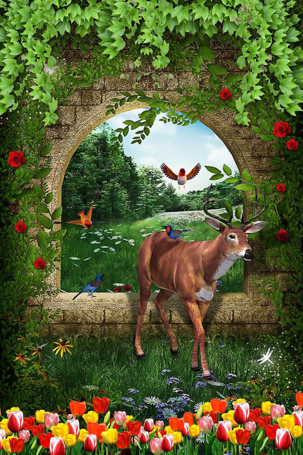 3D elk flower the green grass door mural Wallpaper AJ Wallpaper 
