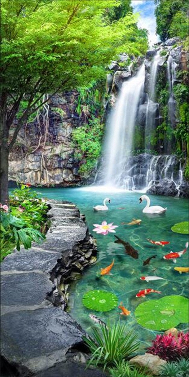 3D Waterfall Lake Scenery 583 Stair Risers Wallpaper AJ Wallpaper 