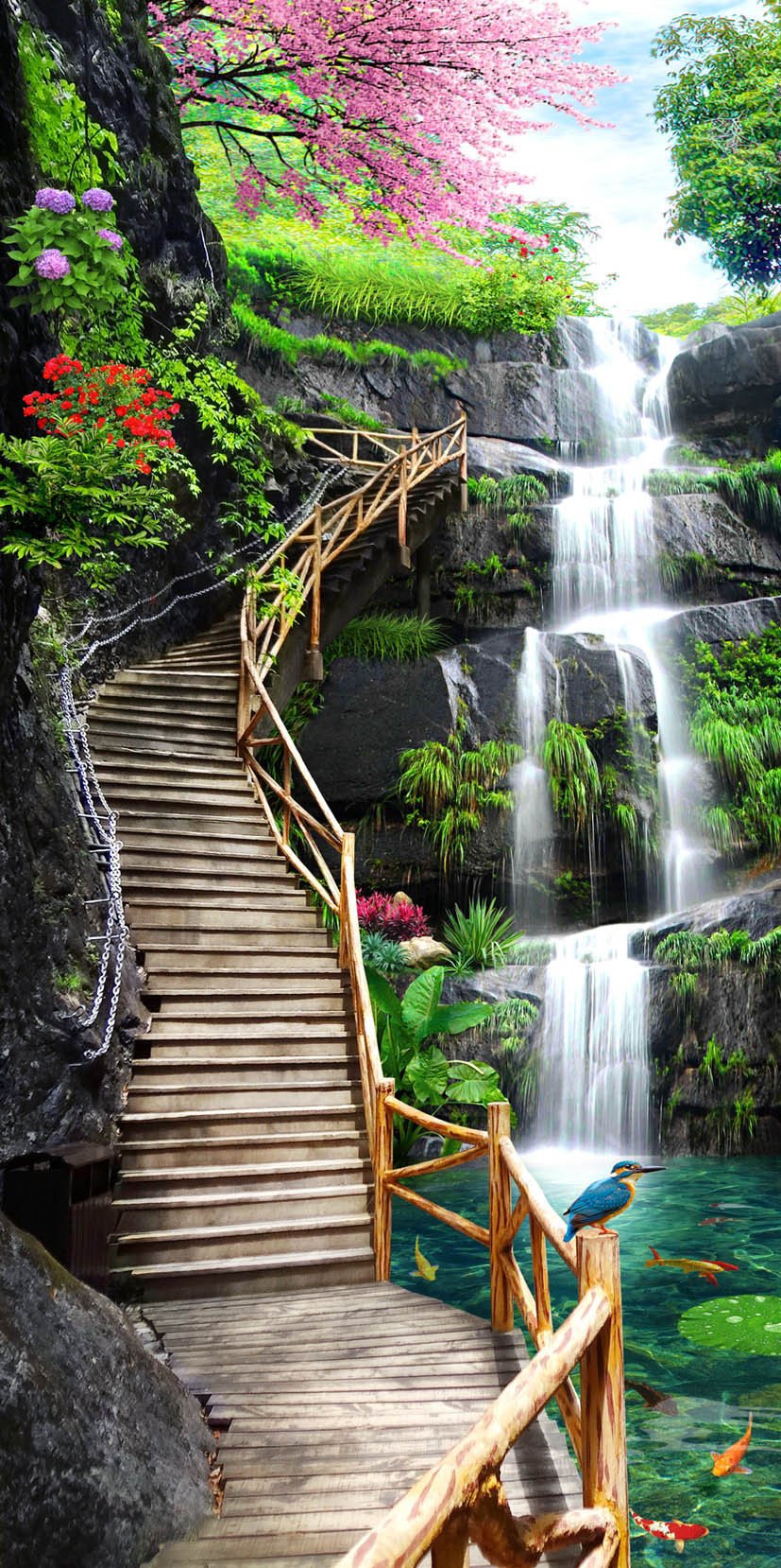 3D wooden stairs waterfall door mural Wallpaper AJ Wallpaper 
