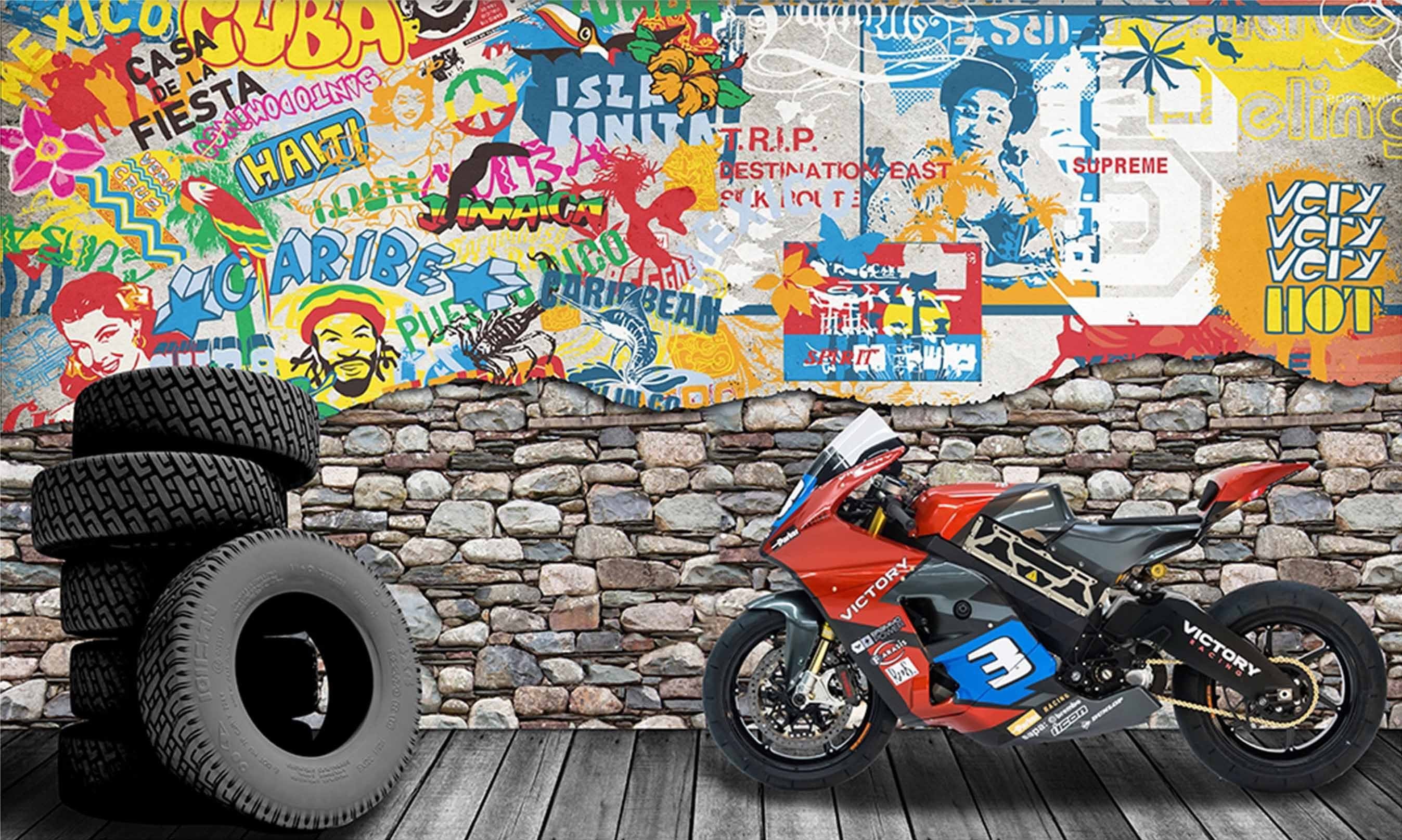 3D Motorcycle Graffiti Tires 387 Garage Door Mural Wallpaper AJ Wallpaper 