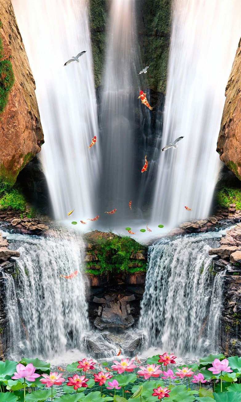 3D Waterfall Fishes Flowers 775 Stair Risers Wallpaper AJ Wallpaper 