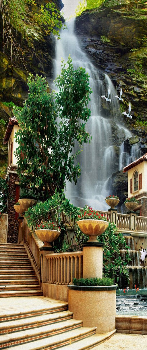 3D waterfall stairs painting door mural Wallpaper AJ Wallpaper 