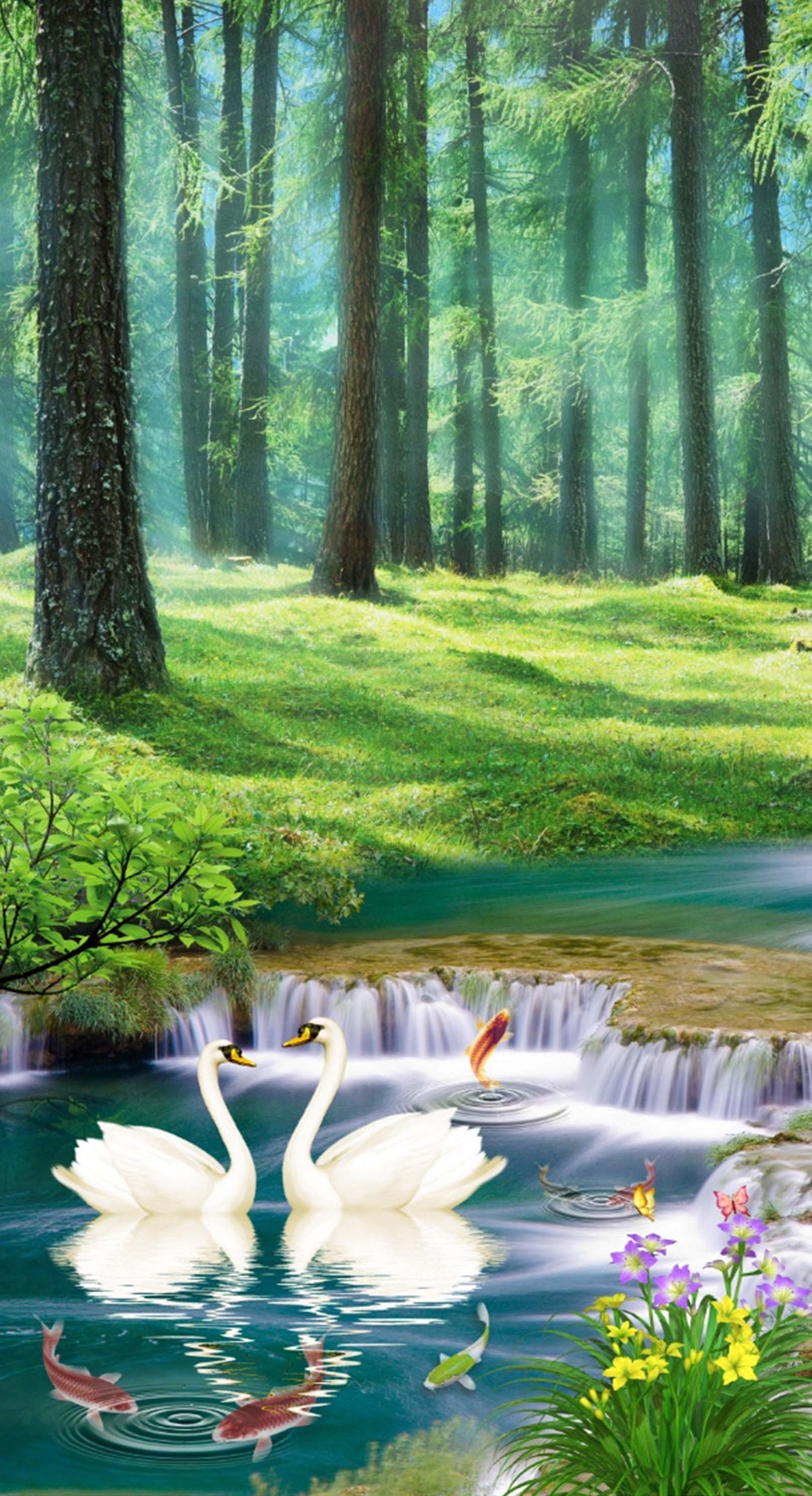 3D Forest River Swans 1493 Stair Risers Wallpaper AJ Wallpaper 