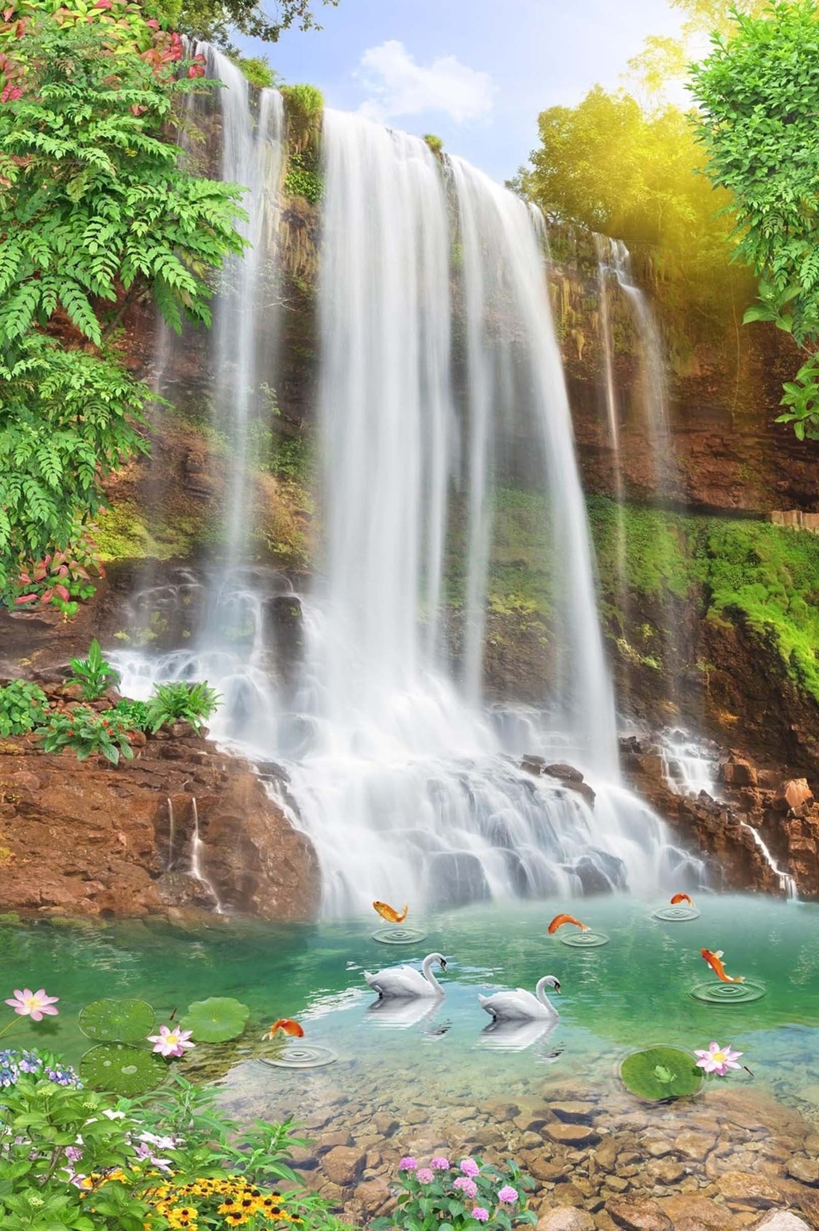 3D Waterfall Swans Fishes 1414 Stair Risers Wallpaper AJ Wallpaper 