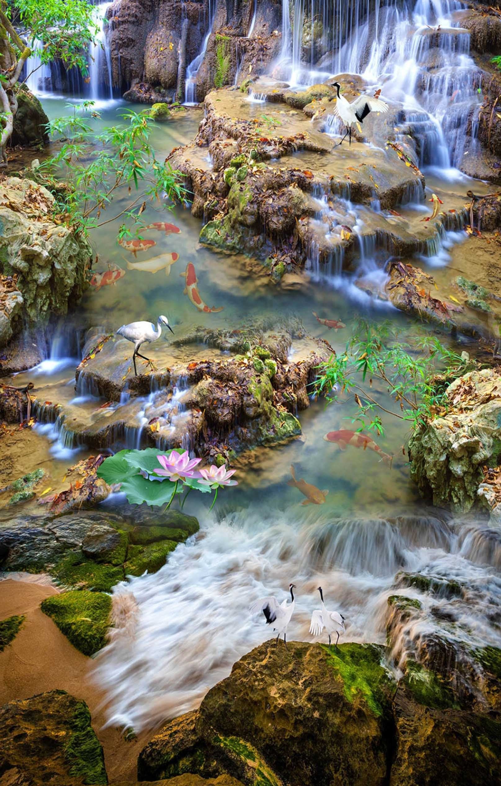 3D Waterfall Cranes Fishes 1411 Stair Risers Wallpaper AJ Wallpaper 