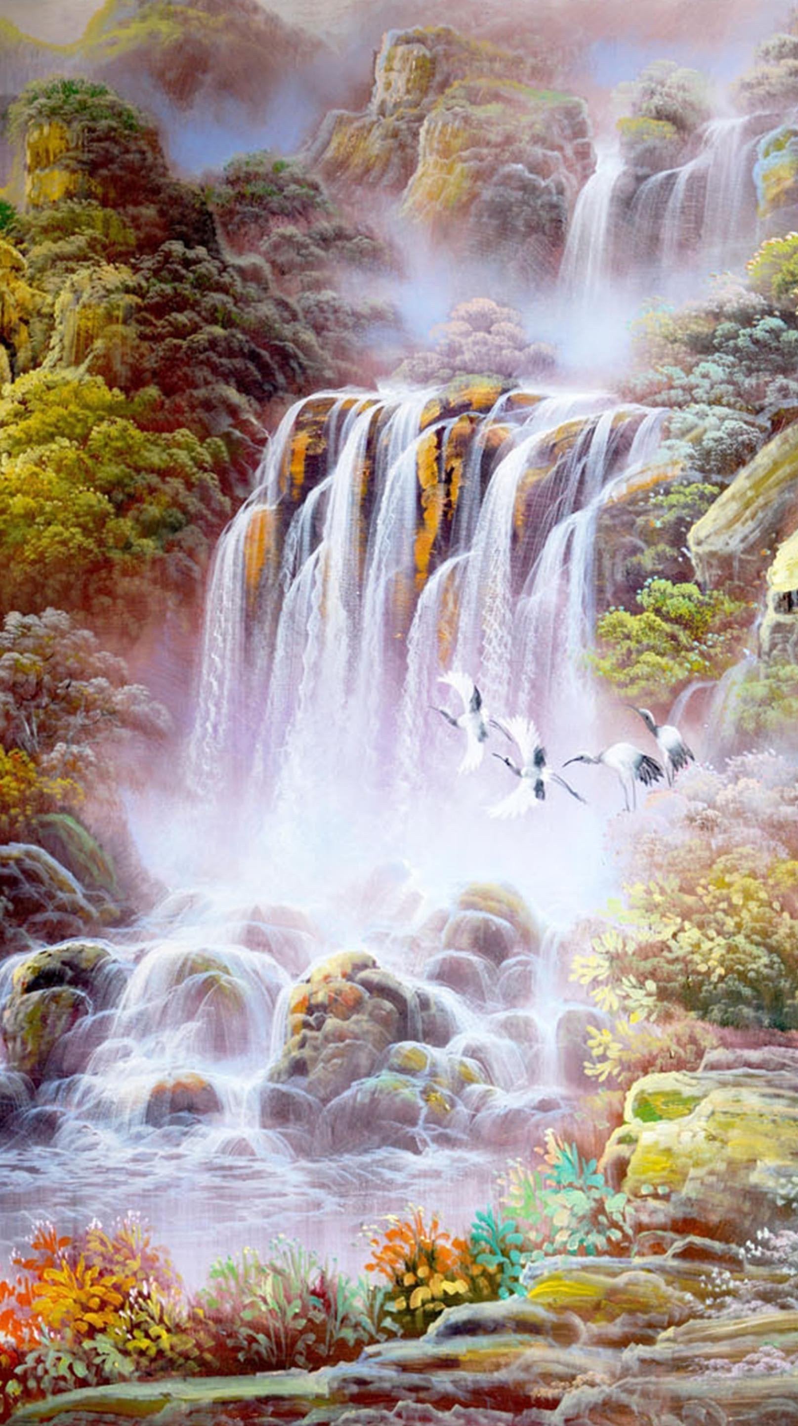 3D Waterfalls Flying Cranes 1506 Stair Risers Wallpaper AJ Wallpaper 