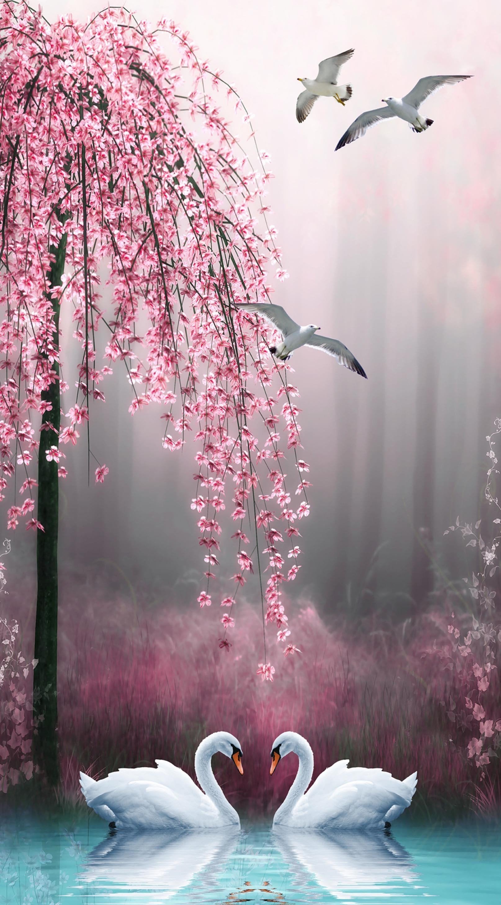 3D Flowers Tree Swans Birds 1486 Stair Risers Wallpaper AJ Wallpaper 