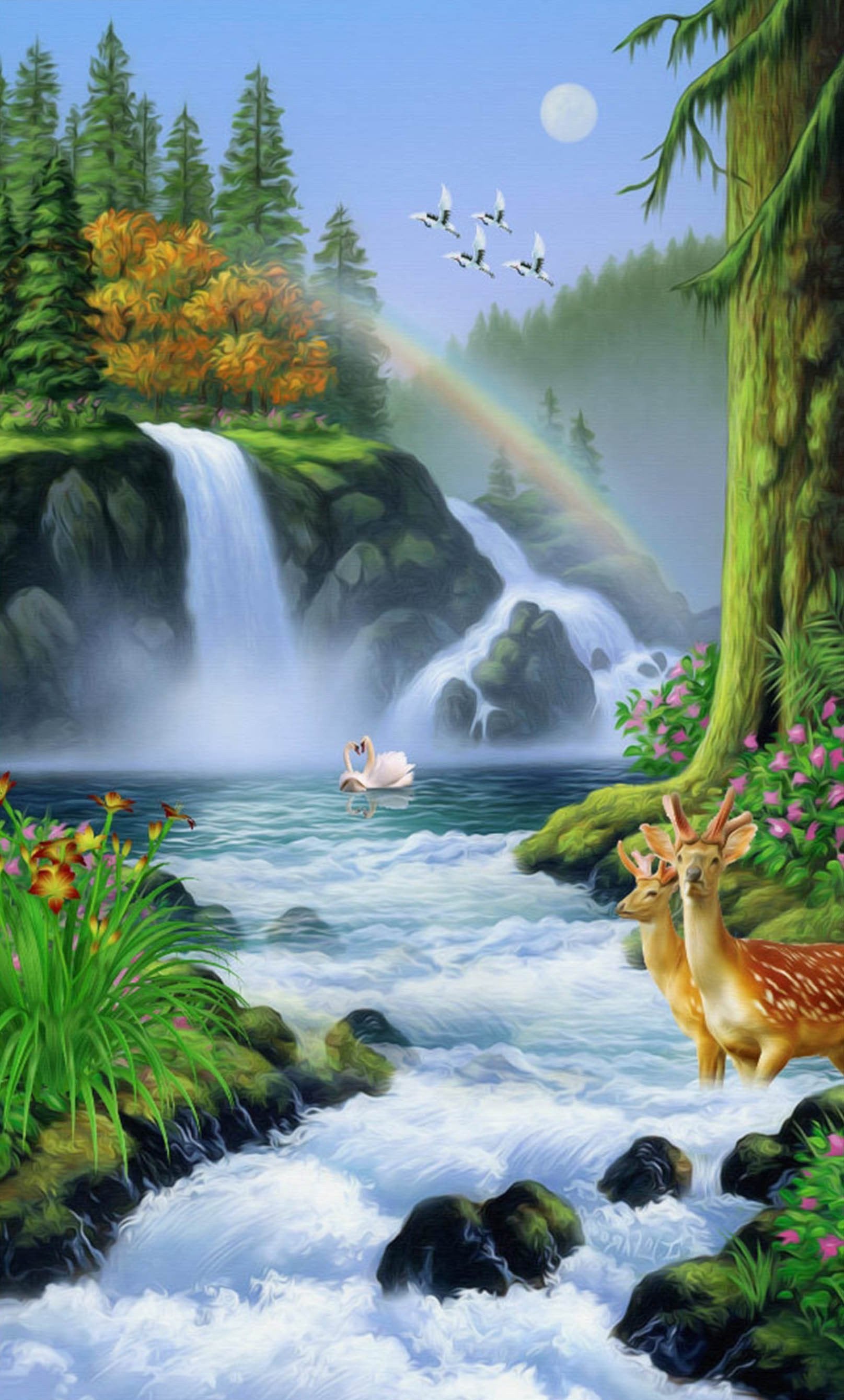 3D Waterfall Rainbow Animals 1481 Stair Risers Wallpaper AJ Wallpaper 