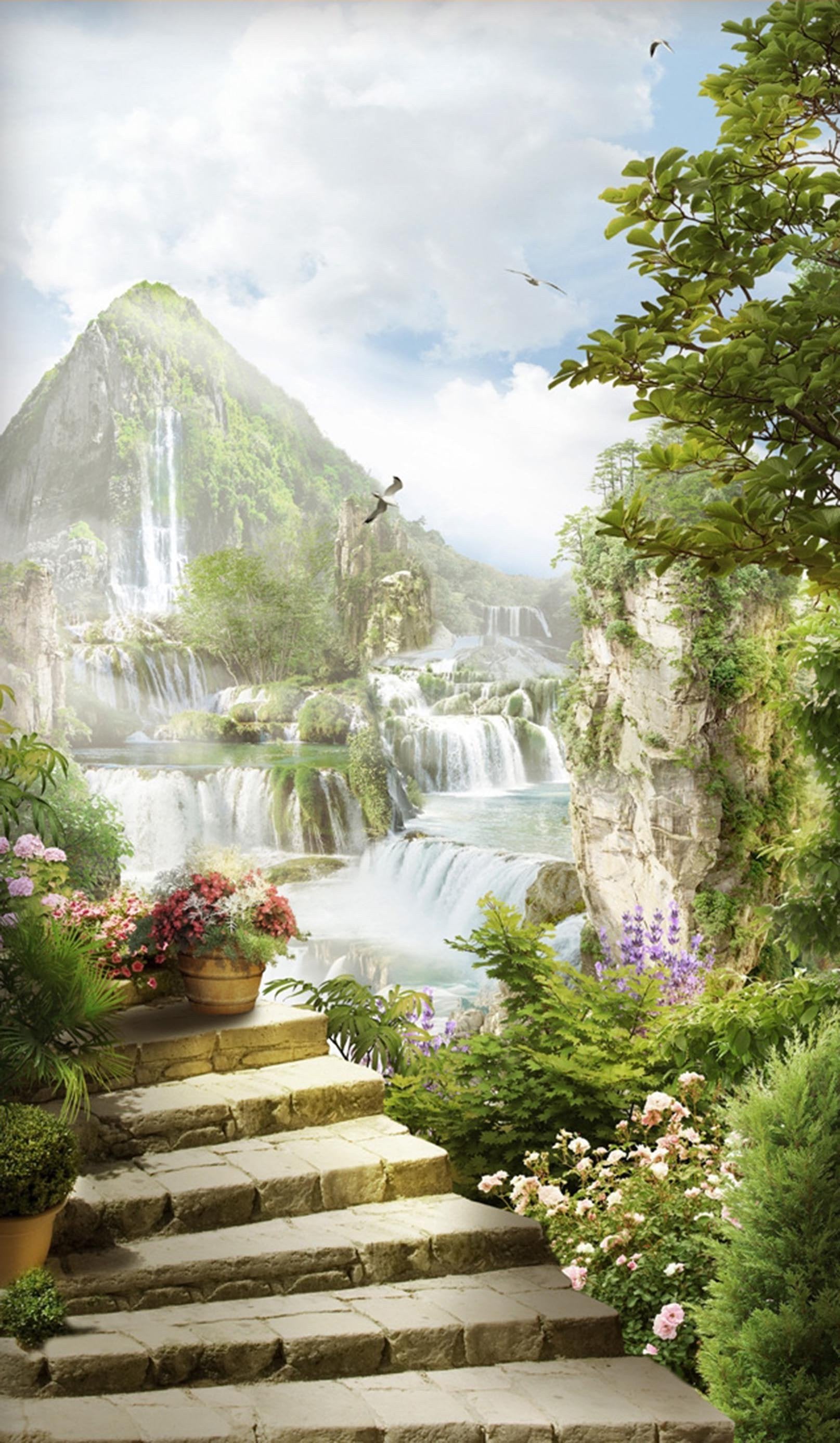 3D Mountain Waterfalls 1483 Stair Risers Wallpaper AJ Wallpaper 