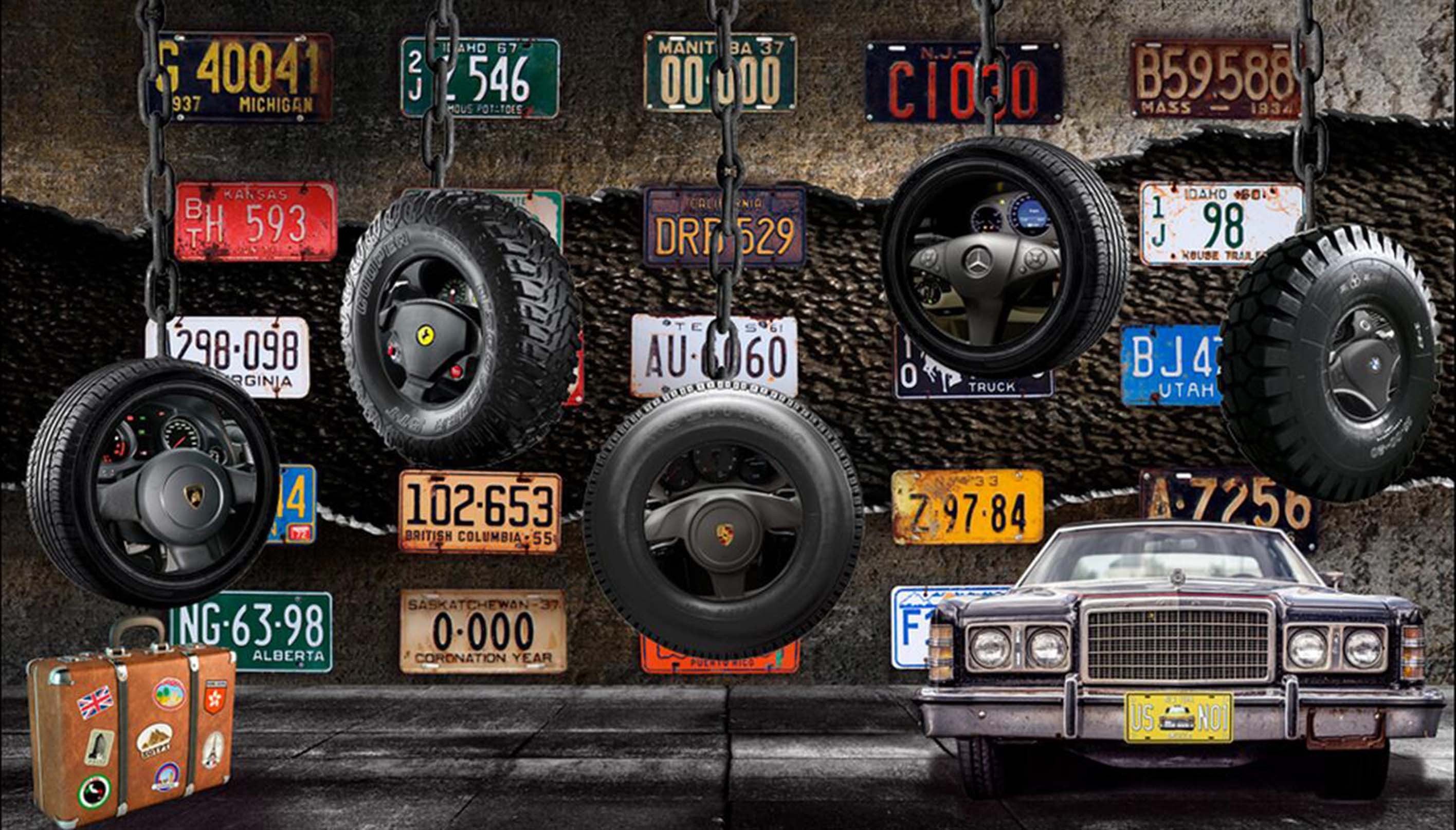 3D Car Tires License Plates 365 Garage Door Mural Wallpaper AJ Wallpaper 