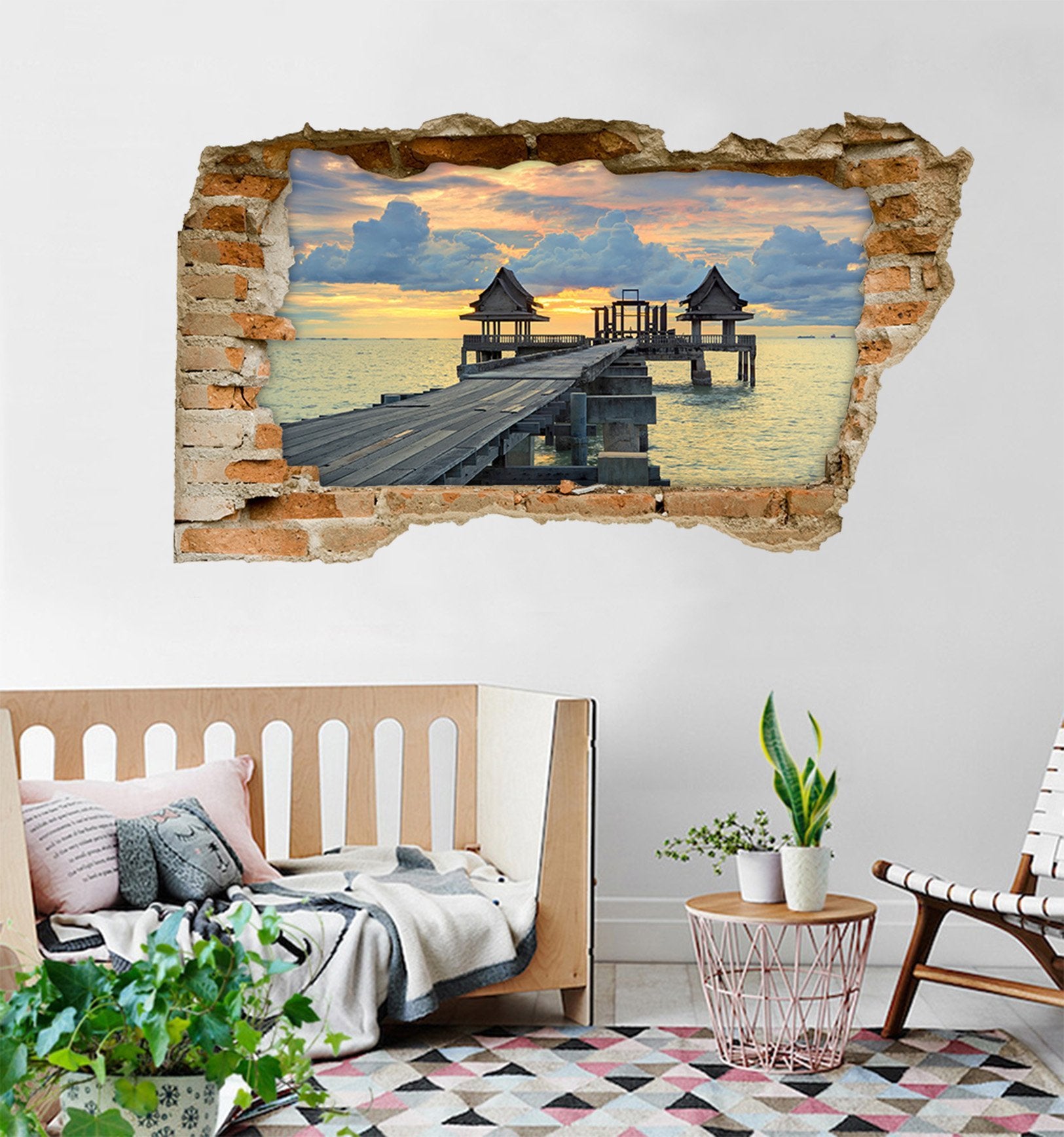 3D Sea Wood Corridor Sunset 106 Broken Wall Murals Wallpaper AJ Wallpaper 