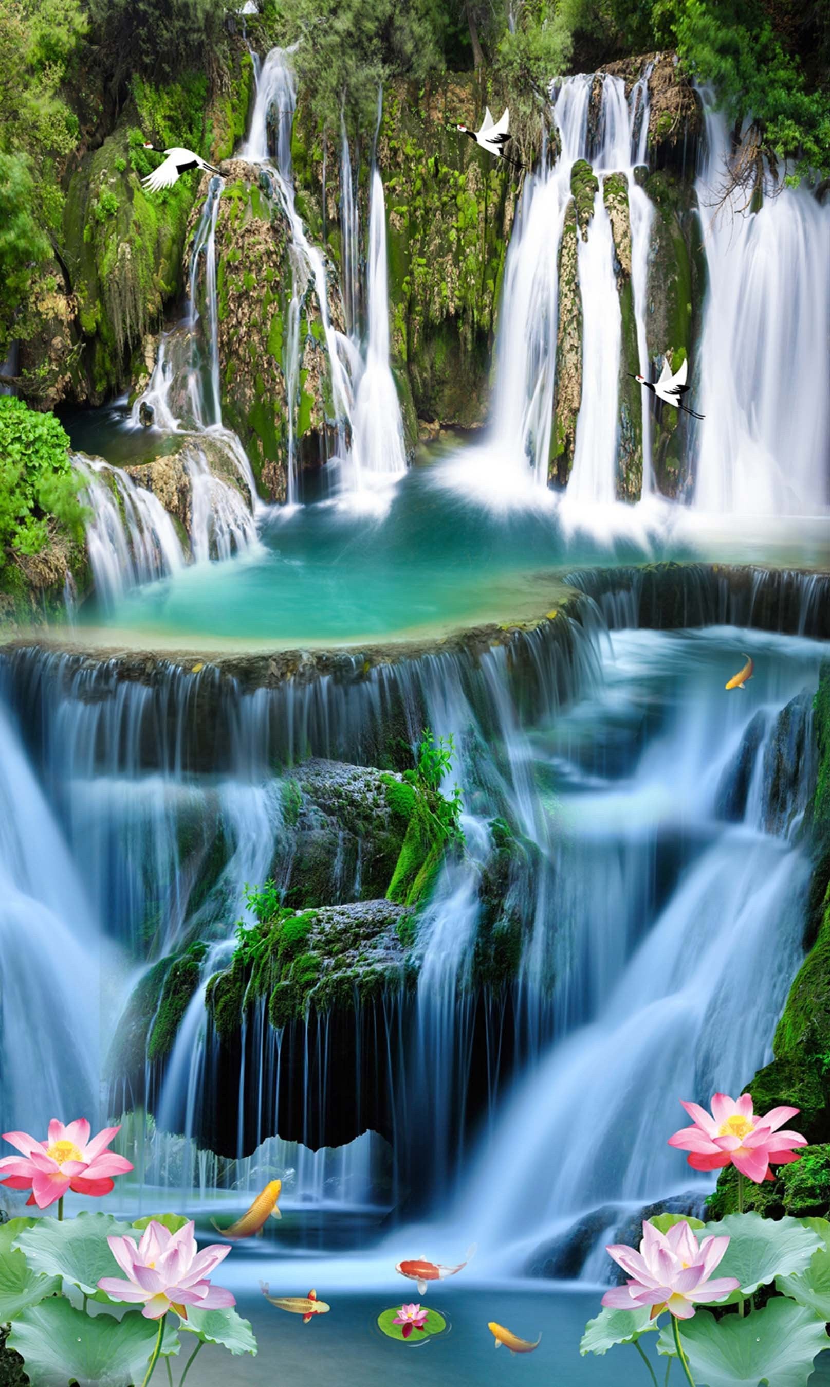 3D Waterfalls Flying Cranes 1491 Stair Risers Wallpaper AJ Wallpaper 