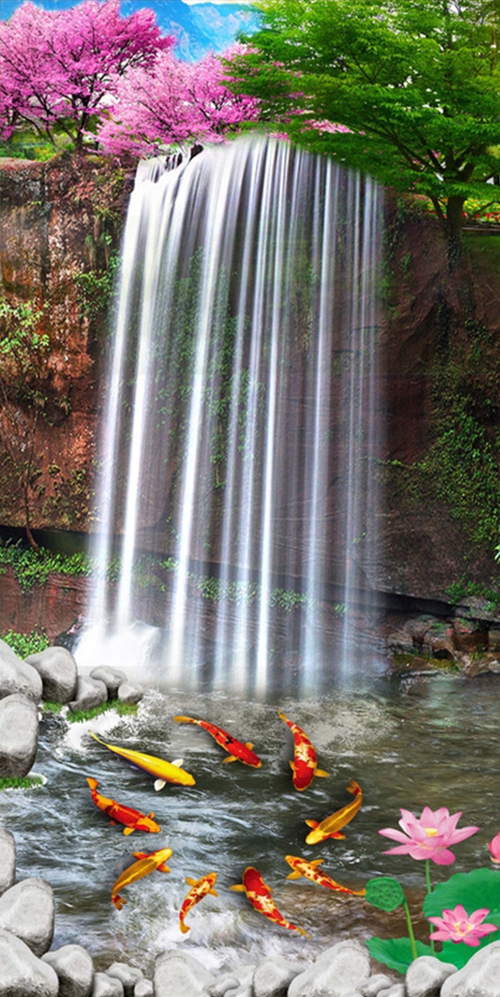 3D Waterfall Fishes 1337 Stair Risers Wallpaper AJ Wallpaper 