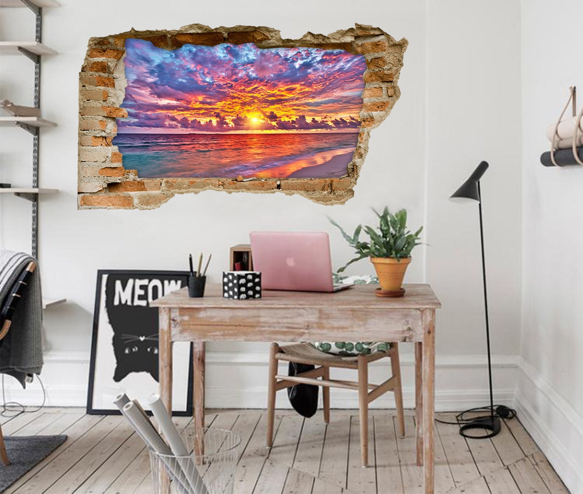 3D Sea Sunset Rosy Clouds 362 Broken Wall Murals Wallpaper AJ Wallpaper 