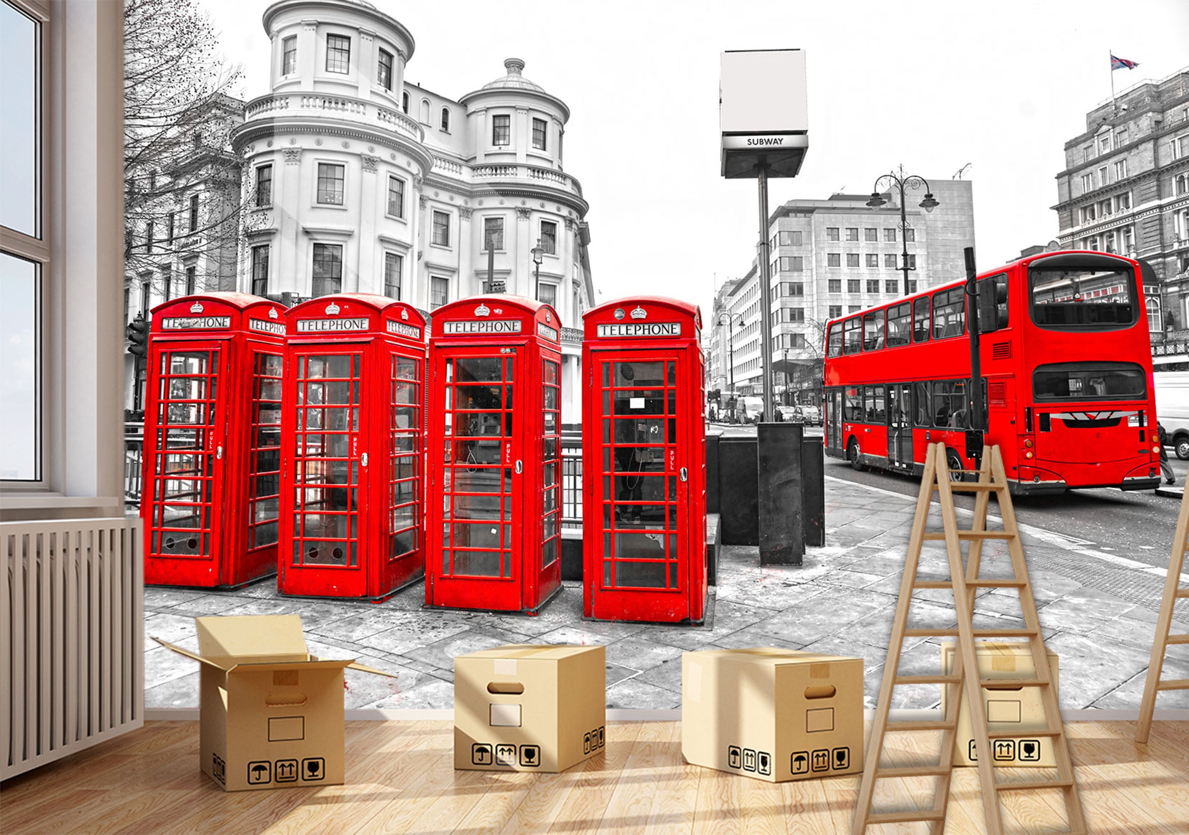 3D Telephone Booth Bus 115 Vehicle Wall Murals
