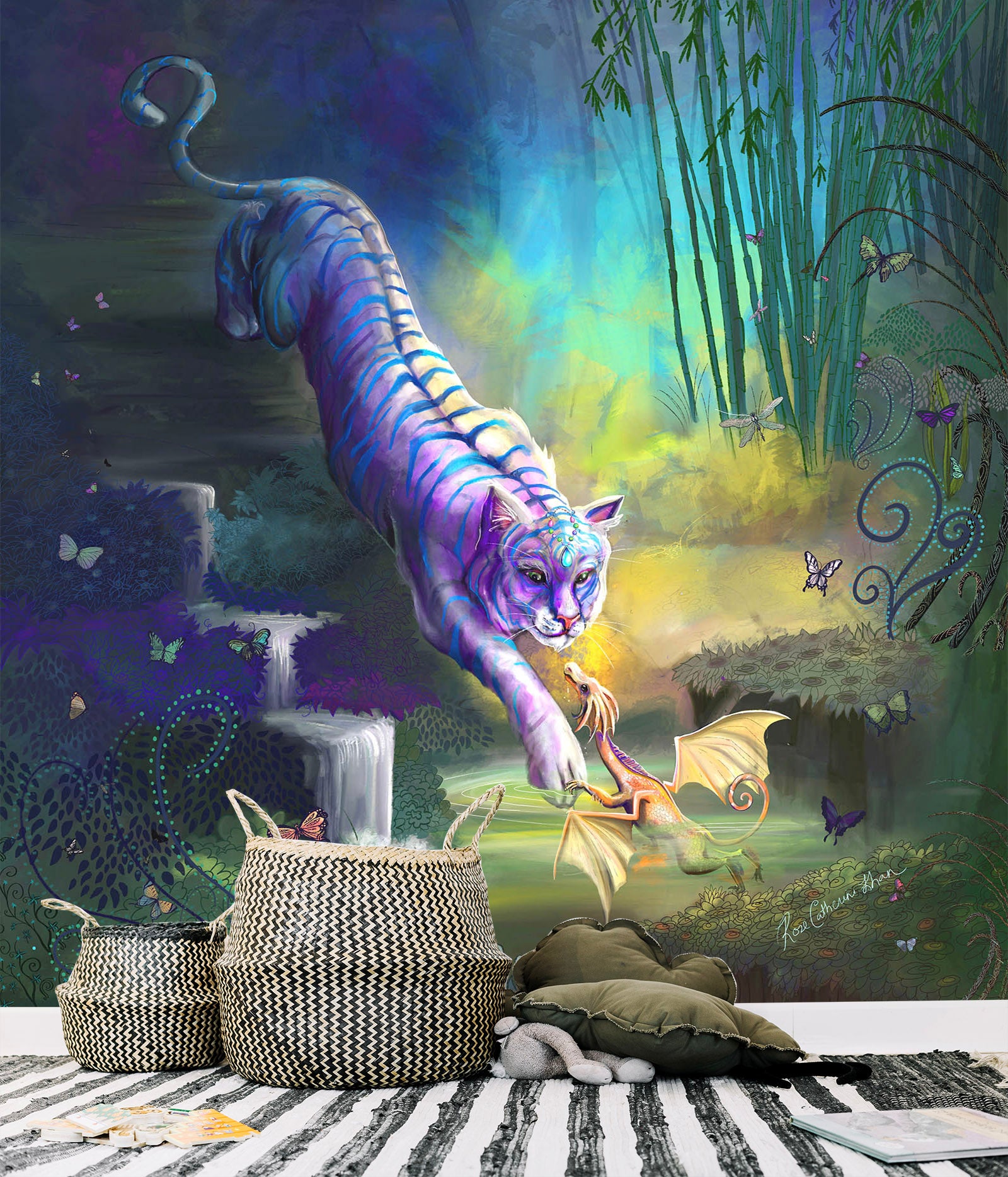 3D White Tiger 1416 Rose Catherine Khan Wall Mural Wall Murals