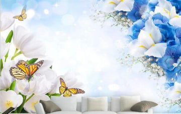 3D Butterfly blue flower 0639 Wall Paper 450cm wide and 260cm high IN WOVEN PAPER AJ Wallpaper 