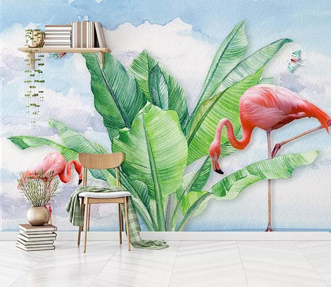 3D Flamingo Big Leaves 309 Wallpaper AJ Wallpaper 