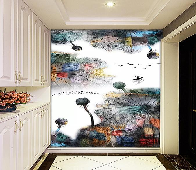 3D Ink Lotus Leaf 504 Wallpaper AJ Wallpaper 