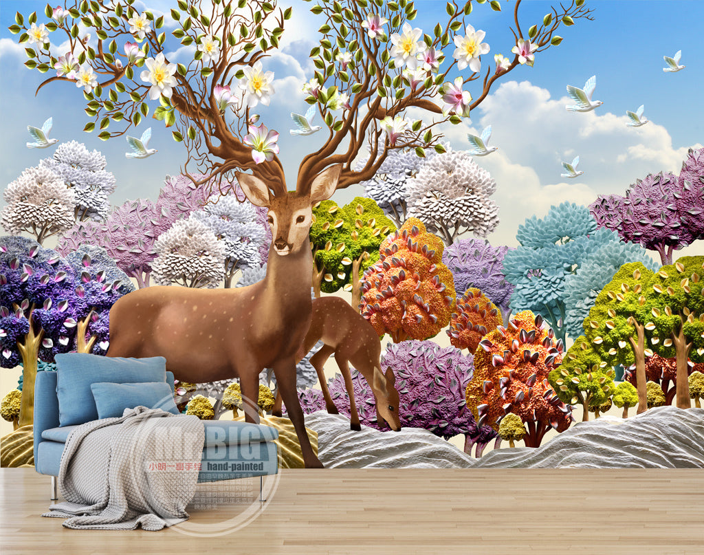 3D Color Tree Fawn WG025 Wall Murals