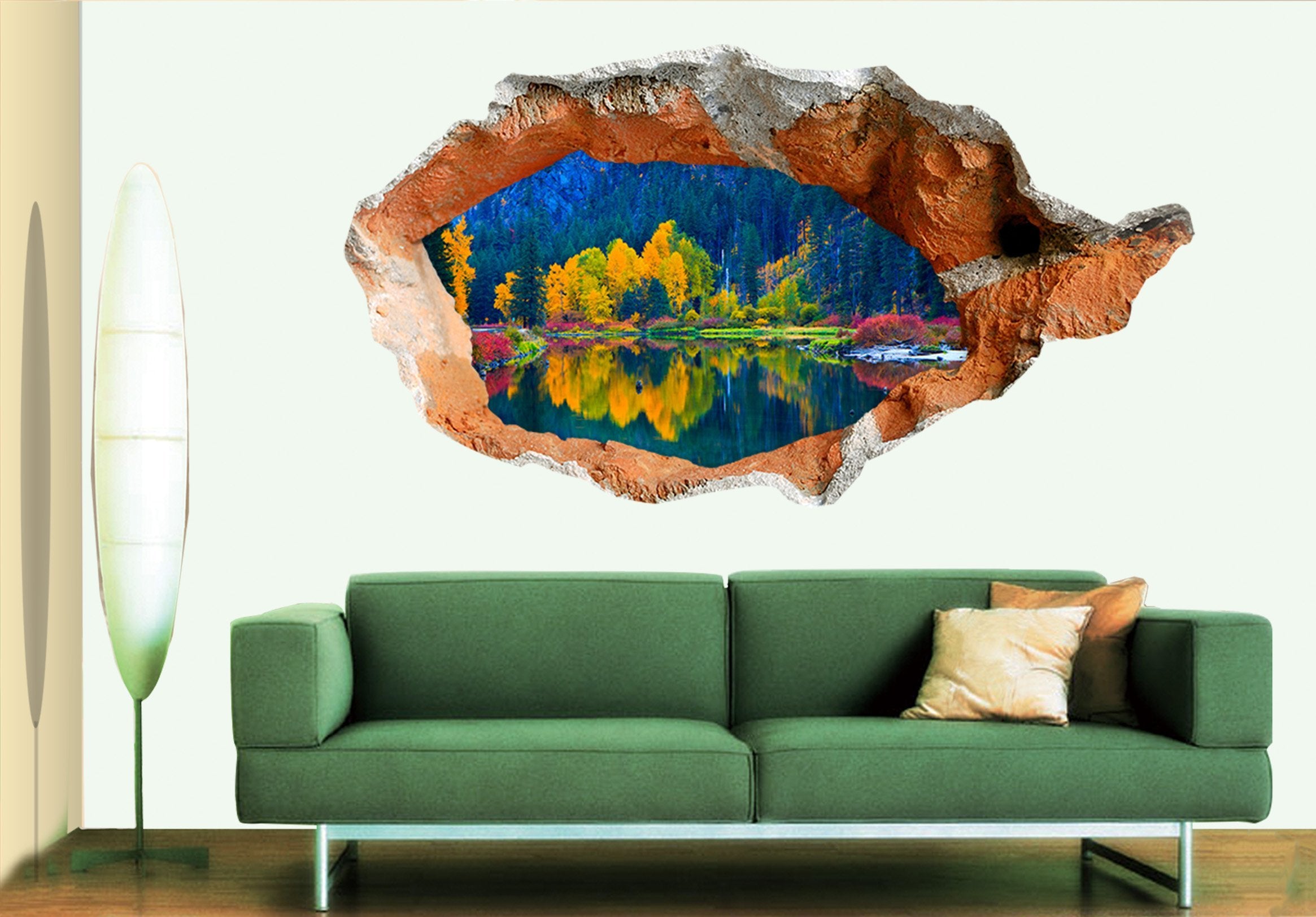 3D Lakeside Colored Trees 094 Broken Wall Murals Wallpaper AJ Wallpaper 
