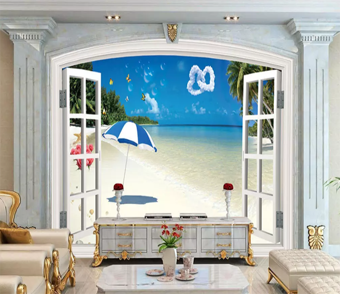 3D Window Beach Butterfly 1155 Wallpaper AJ Wallpaper 2 