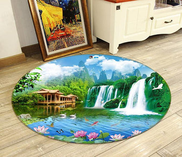 3D Waterfall Lotus 038 Round Non Slip Rug Mat Mat AJ Creativity Home 