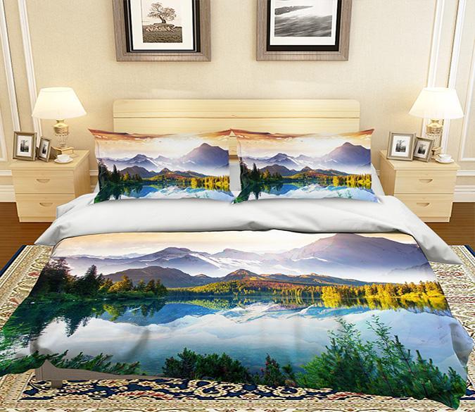 3D Mountain Tree Lake 250 Bed Pillowcases Quilt Wallpaper AJ Wallpaper 