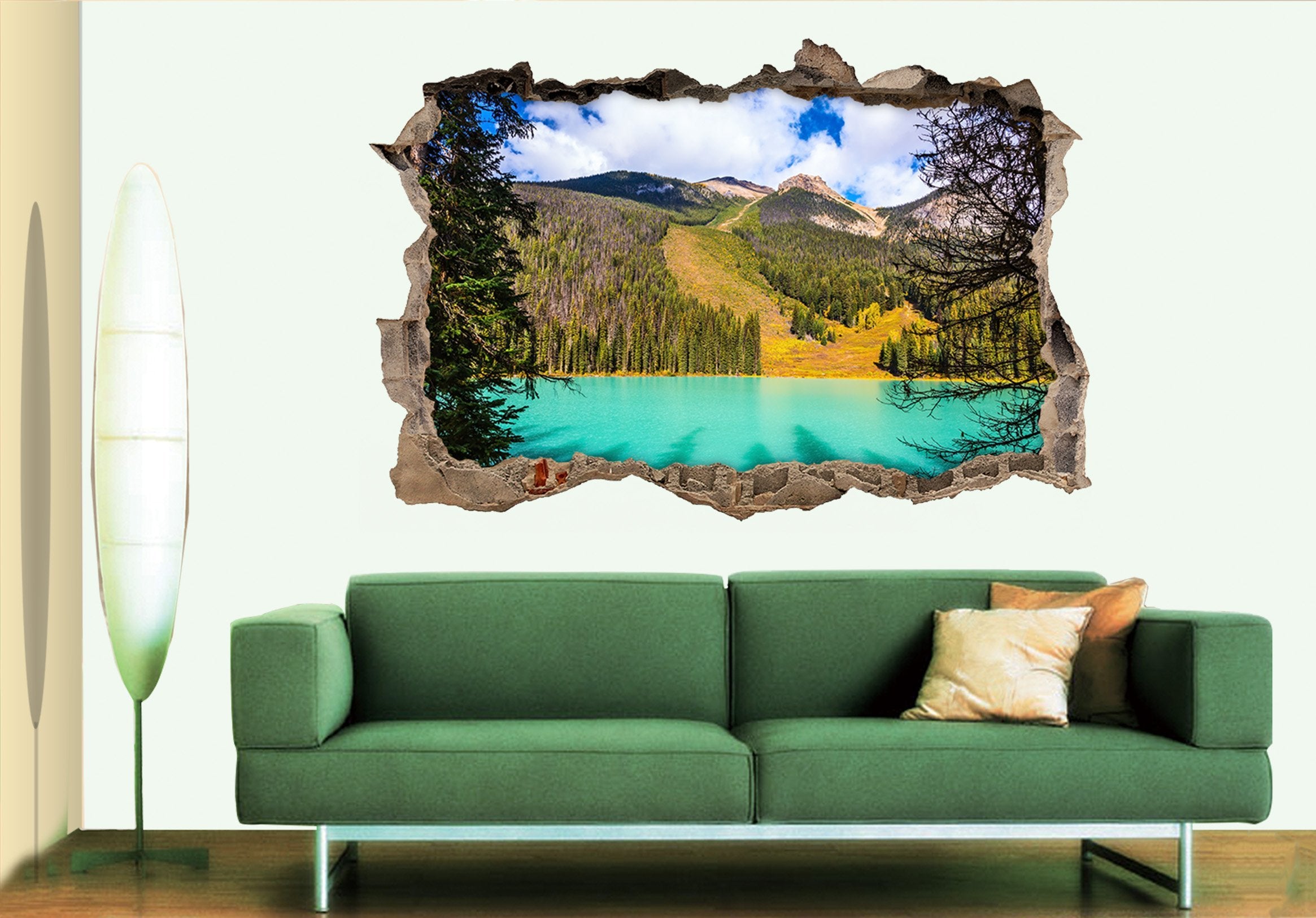 3D Green Mountain Blue Lake 374 Broken Wall Murals Wallpaper AJ Wallpaper 